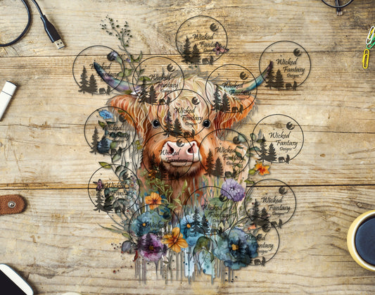 UVDTF Cute Highland Cow Pastel Flowers 1pc