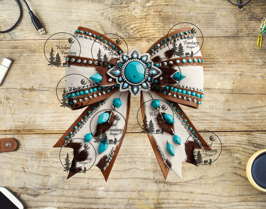 UVDTF Studded Cowhide Bow with Turquoise Concho