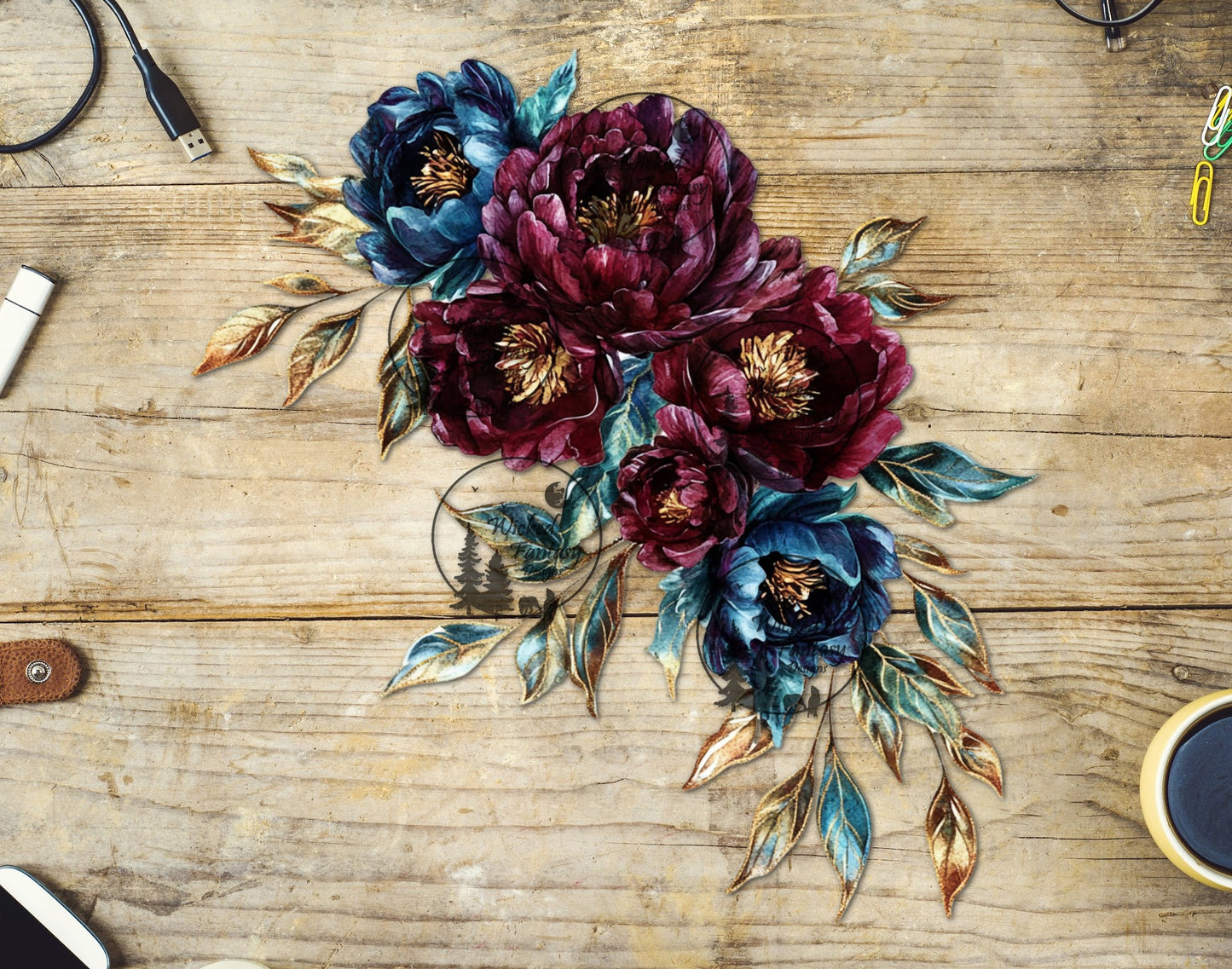 UVDTF Blue and Burgundy Floral Arrangement