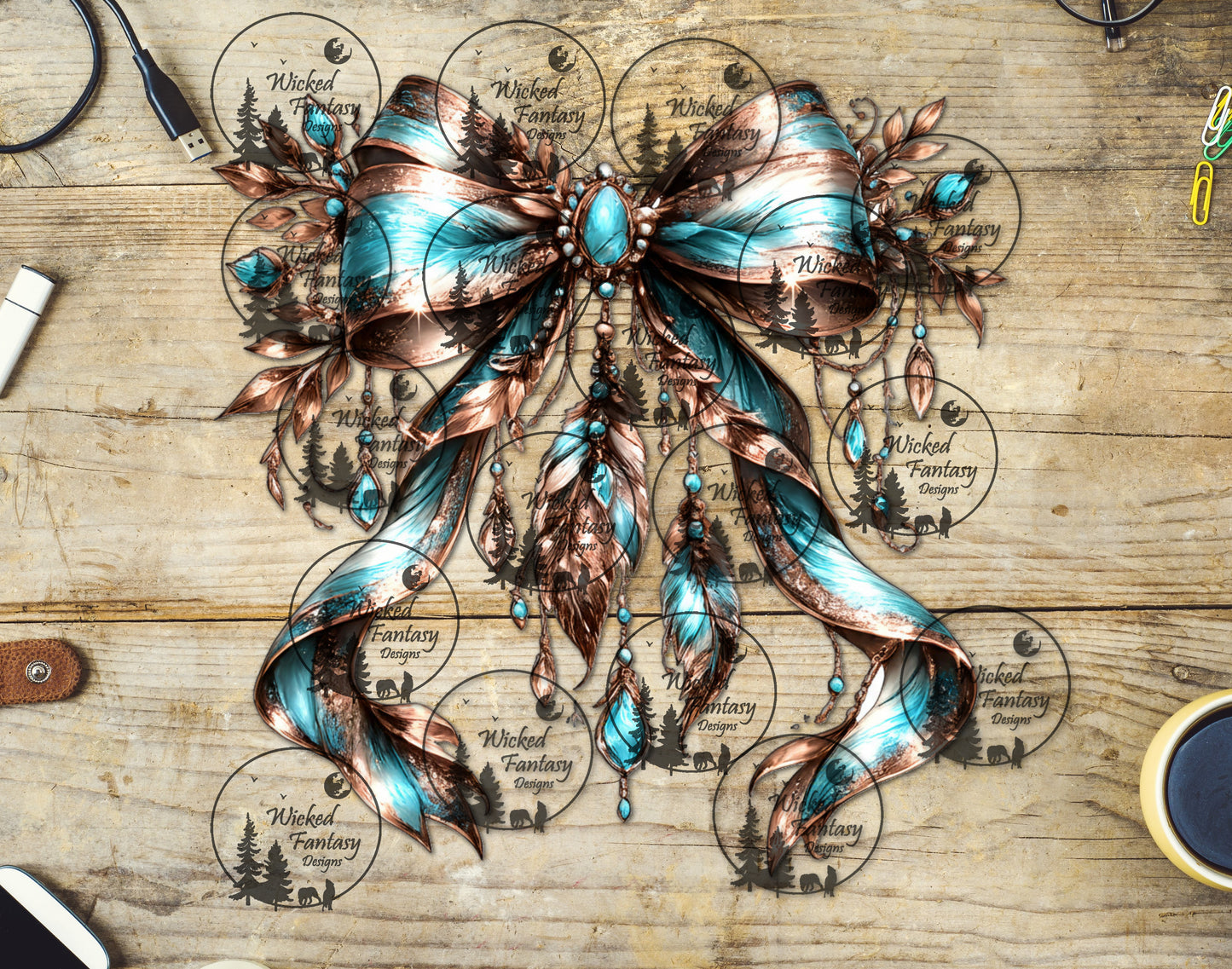UVDTF Turquoise and Rose Gold Bow with Leaves and Jewels