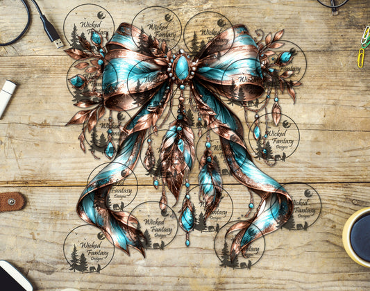 UVDTF Turquoise and Rose Gold Bow with Leaves and Jewels
