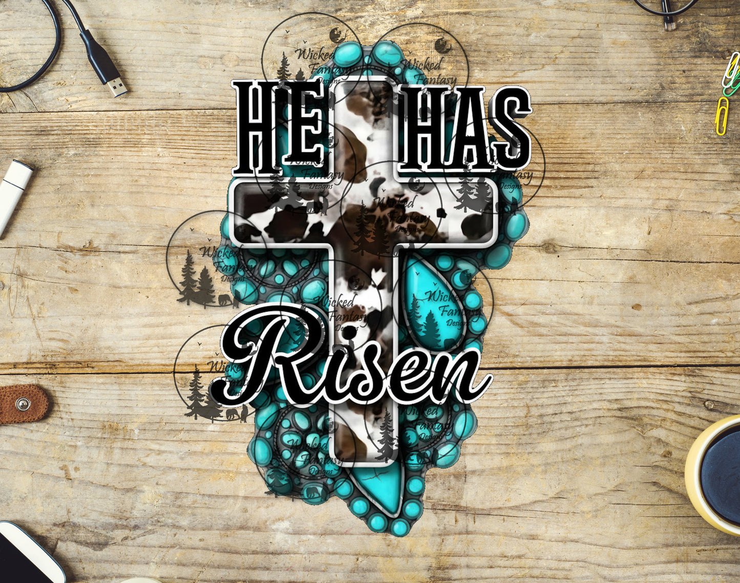 UVDTF He Has Risen Cowhide Cross Religious