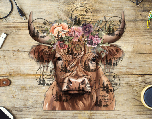UVDTF Decal Highland Cow Pastel Flowers 1pc