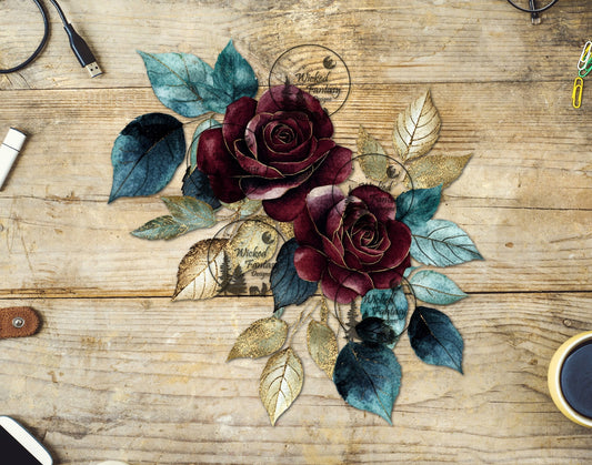 UVDTF Gilded Burgundy Roses with Teal and Gold Leaves Floral Arrangement