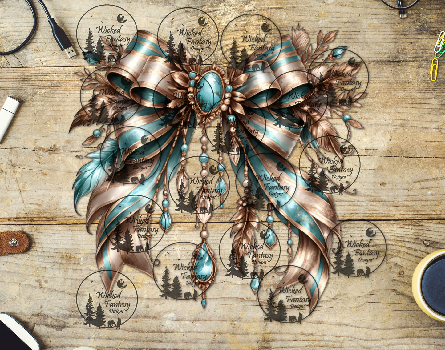 UVDTF Turquoise and Rose Gold Bow with Feathers and Jewels