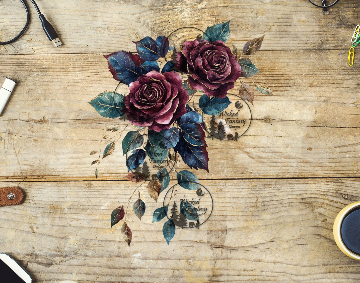 UVDTF Gilded Burgundy Roses Floral Arrangement