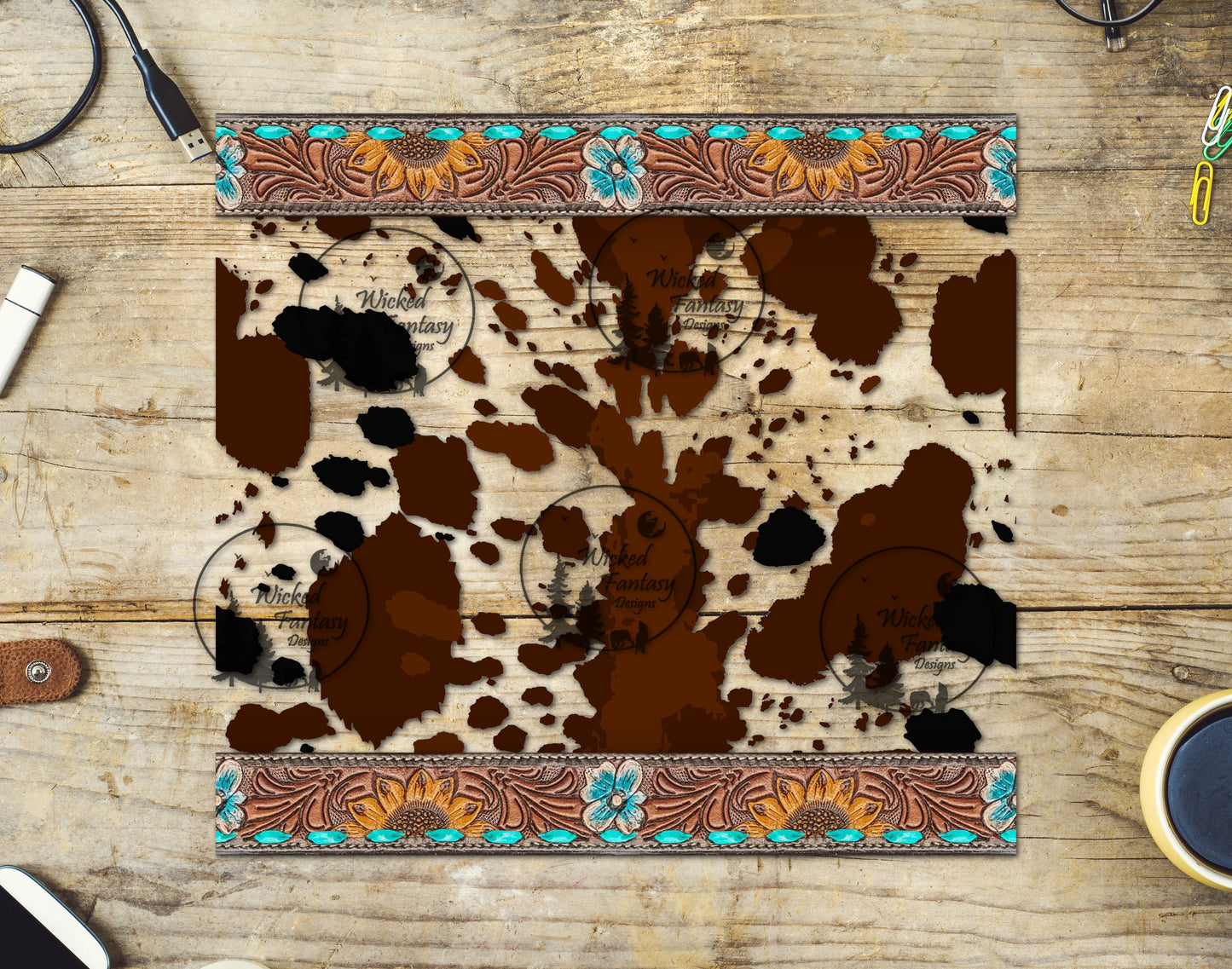 UVDTF Multi Colored Cow Print and Tooled Leather Border 20oz 30oz 10"x10" Element