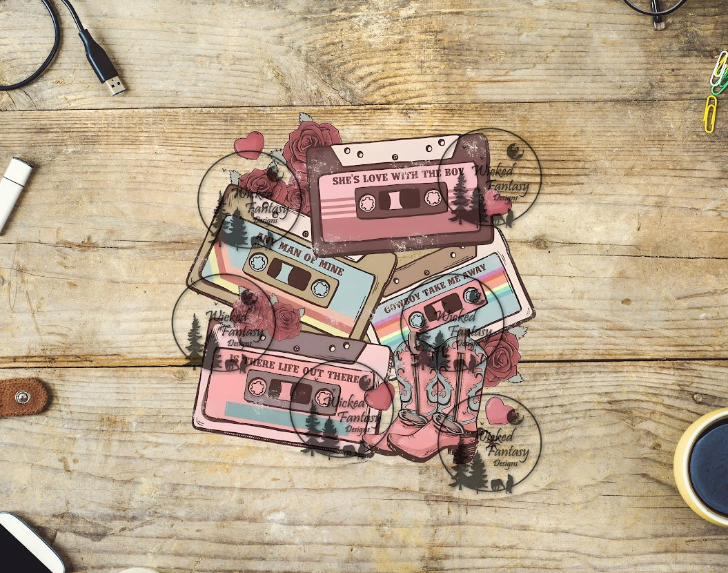 UVDTF Country Cassettes with Blush Roses and Boots