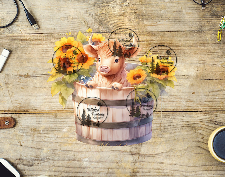 UVDTF Calf in a Half Barrel with Sunflowers