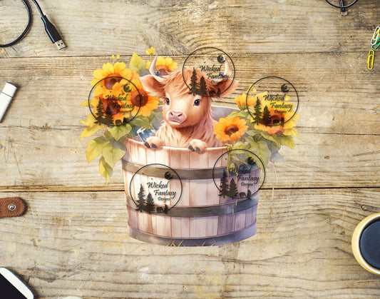 UVDTF Calf in a Half Barrel with Sunflowers