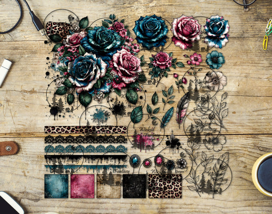 UVDTF Teal and Pink Leopard Roses Multimedia Element Sheet