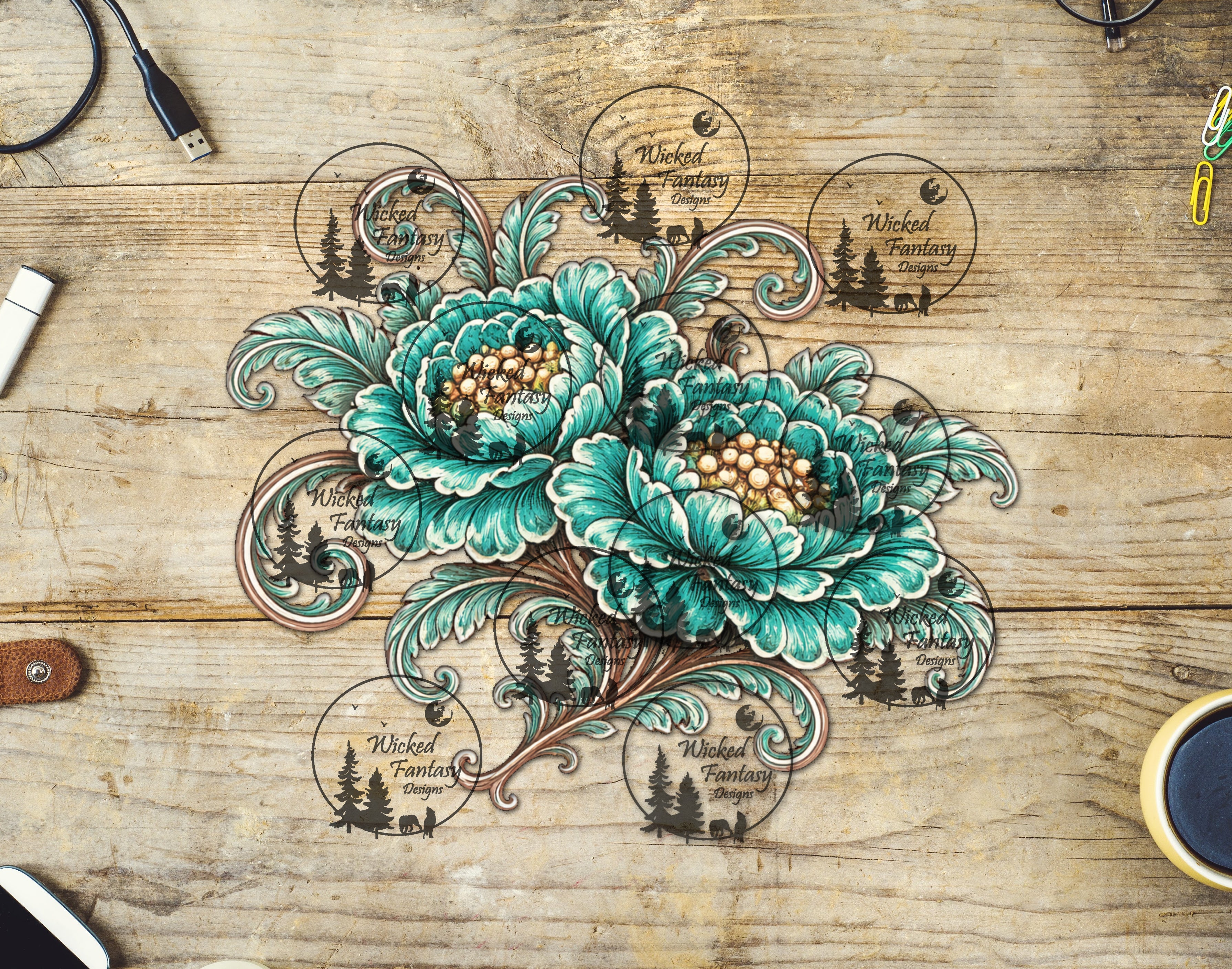 UVDTF Teal Tooled Floral Arrangement – Wicked Fantasy Designs