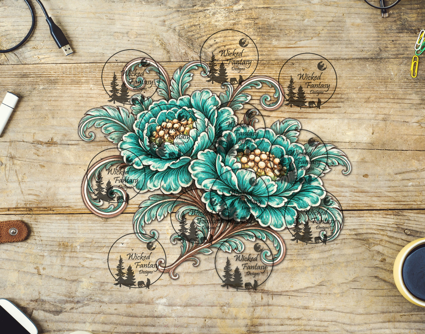 UVDTF Teal Tooled Floral Arrangement