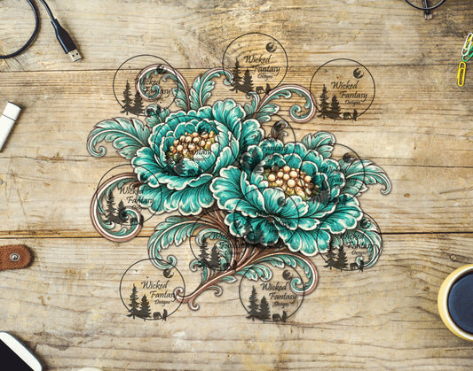 UVDTF Teal Tooled Floral Arrangement