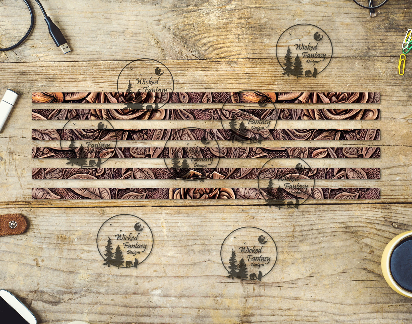 UVDTF Tooled Leather Roses 12"long  Narrow Striping Element