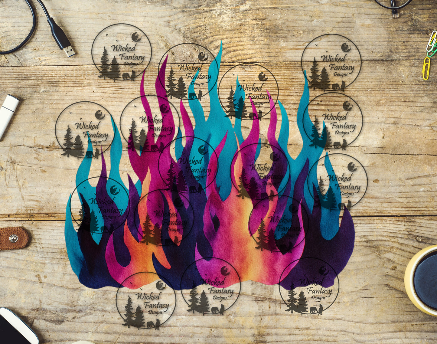 UVDTF Teal Purple Pink Orange Gradient Flames