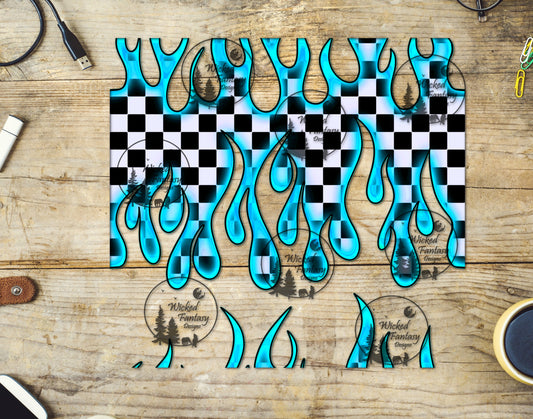 UVDTF Electric Aqua Neon Checkered Flames 20oz 30oz 10"x10" Element