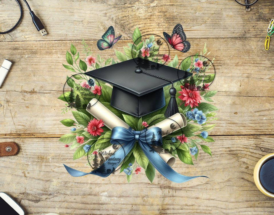 UVDTF Black Graduation cap with butterflies