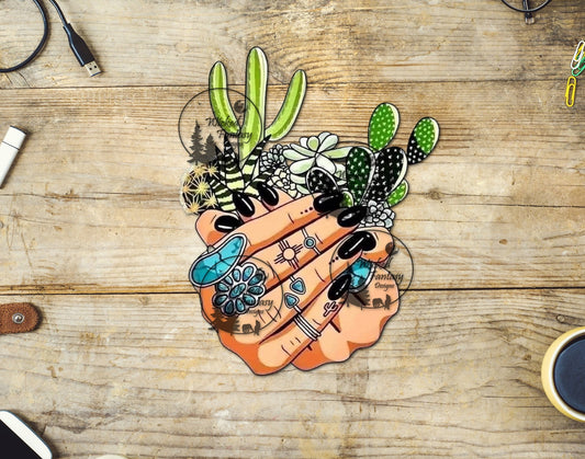 UVDTF Hands Holding Succulents Turquoise Rings