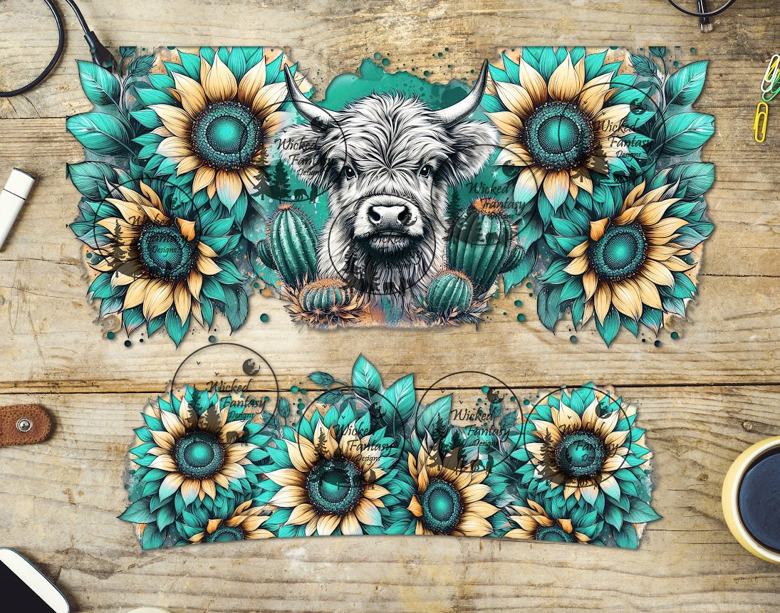 UVDTF Highland Cow and Teal Sunflowers 16oz 40oz Tumbler Wrap