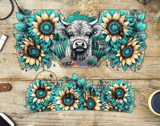 UVDTF Highland Cow and Teal Sunflowers 16oz 40oz Tumbler Wrap