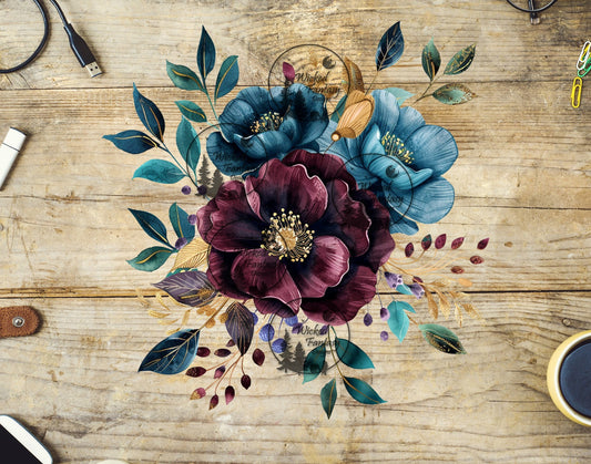 UVDTF Blue and Burgundy Flower Arrangement