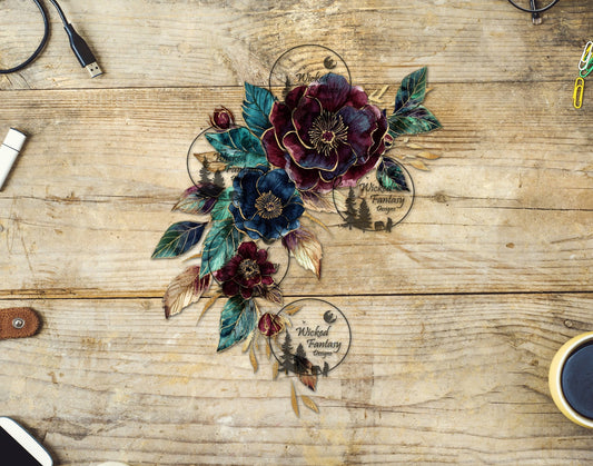 UVDTF Guilded Navy and Burgundy Flower Arrangement