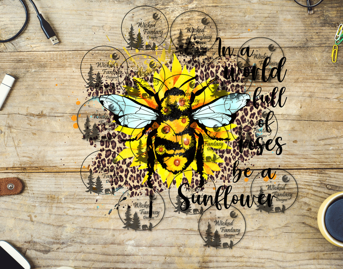 UVDTF In a World Full of Roses be a Sunflower Leopard Print Bee Transparent Background Sticker 1pc