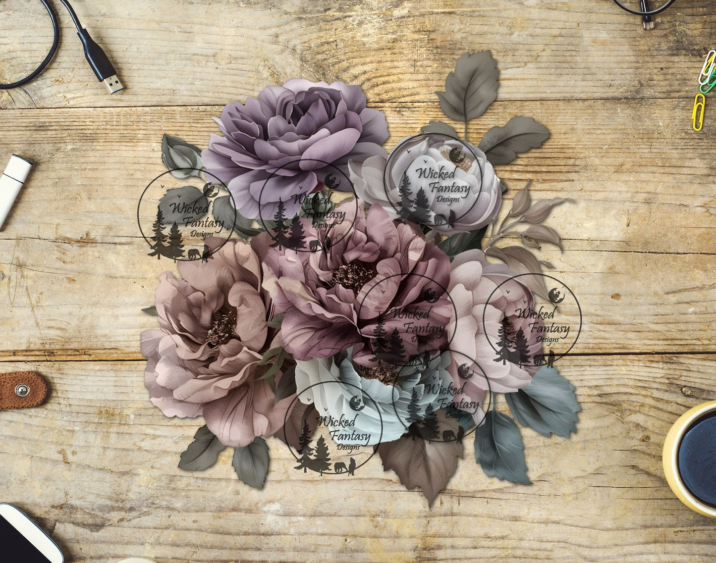 UVDTF Lavender and Dusty Rose Floral Arrangement