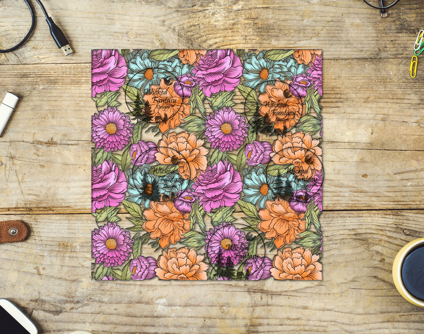 UVDTF Orange Pink and Teal Flowers 10x10" 20oz 30oz Floral Element