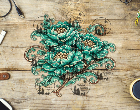 UVDTF Teal Tooled Florals