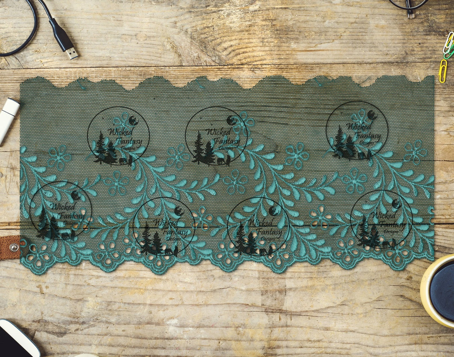 UVDTF Dark Teal Lace Embroidery and Tulle Border Element 11"