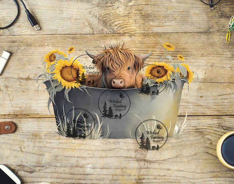 UVDTF Highland Cow in the Water Tank with Sunflowers