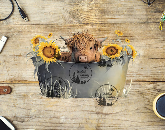 UVDTF Highland Cow in the Water Tank with Sunflowers