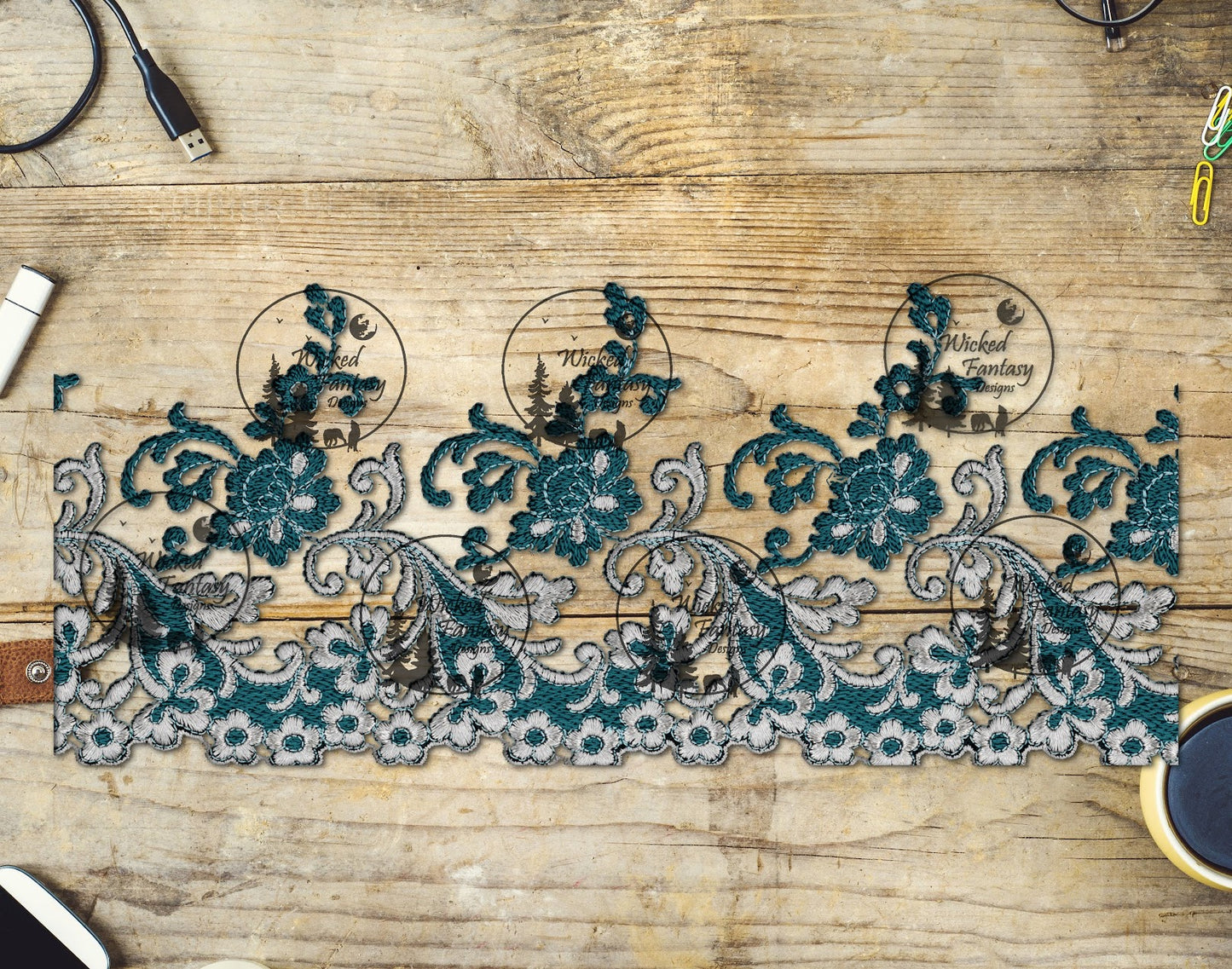 UVDTF Dark Teal Lace Embroidery Border Element 11"