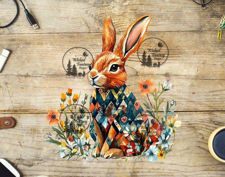 Explore Unique Rabbit Designs UVDTF Boho Rabbit with Diamond Patterned Coat – Wicked Fantasy Designs