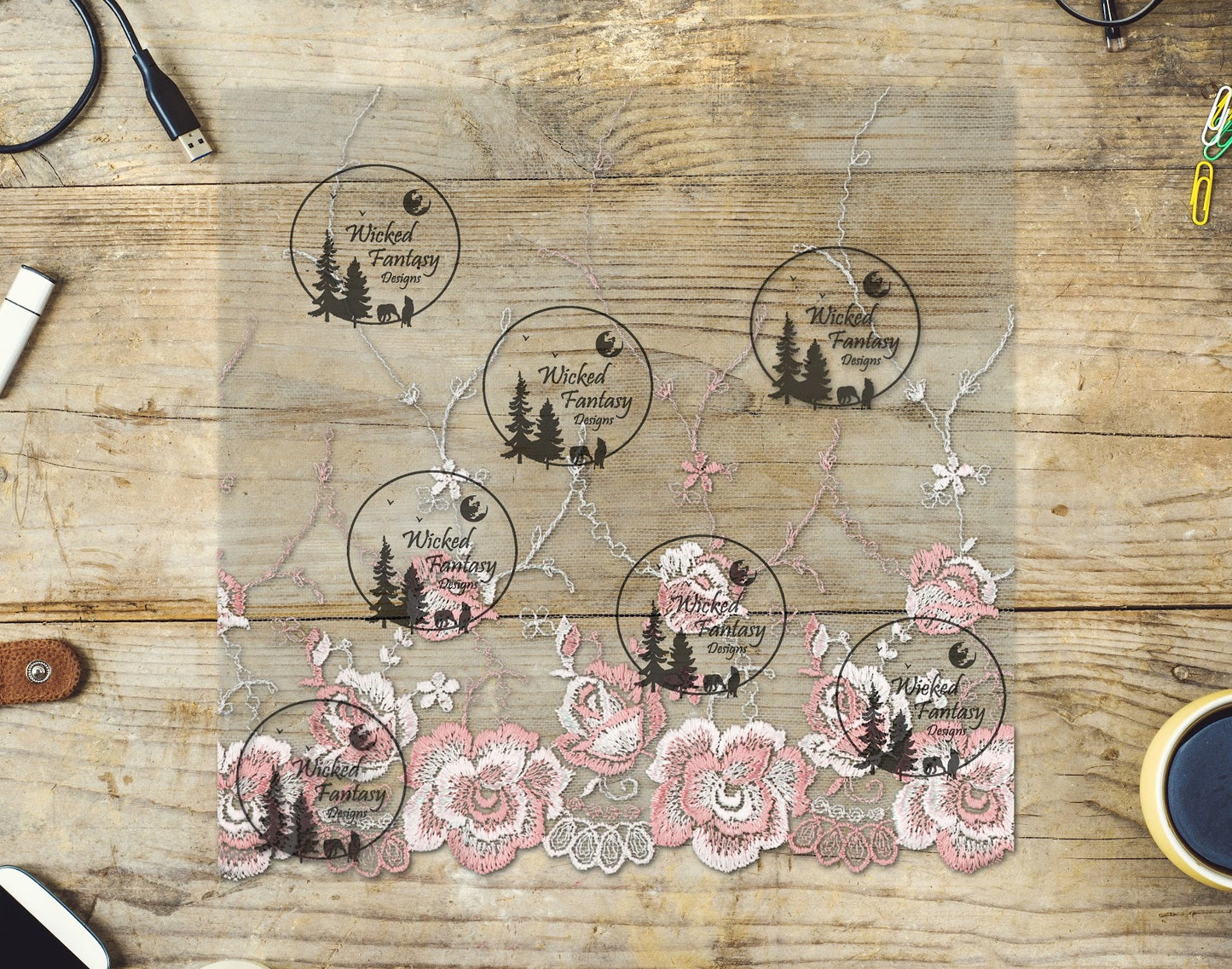 UVDTF Pink and White Lace Embroidery and Tulle 20oz 30oz 10"x10"