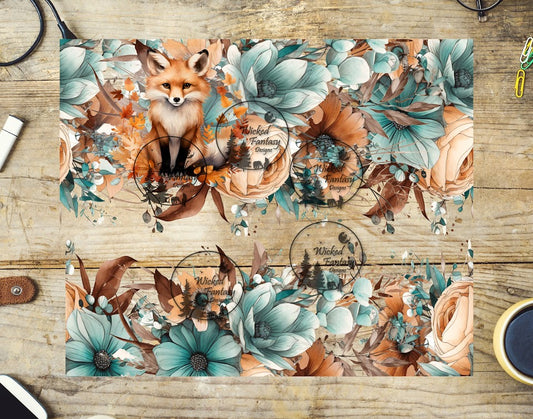 UVDTF Fox with Teal and Rust Flowers 20oz 30oz 10"x10" Element
