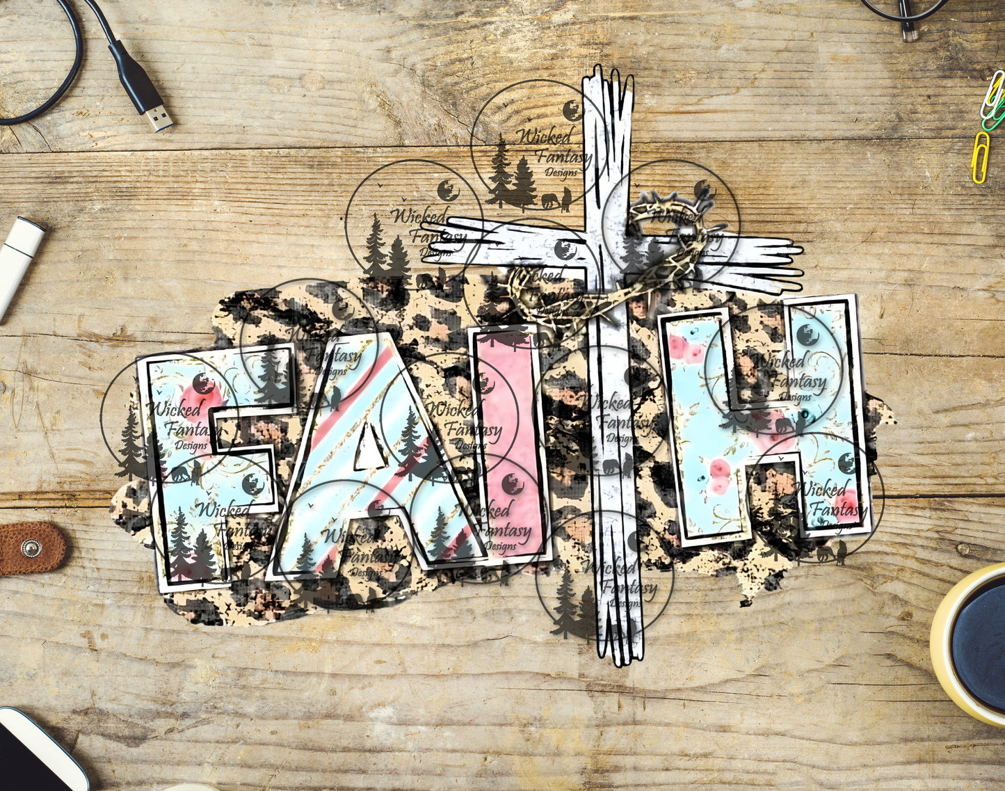 UVDT Faith Cross Leopard Pattern Pastel