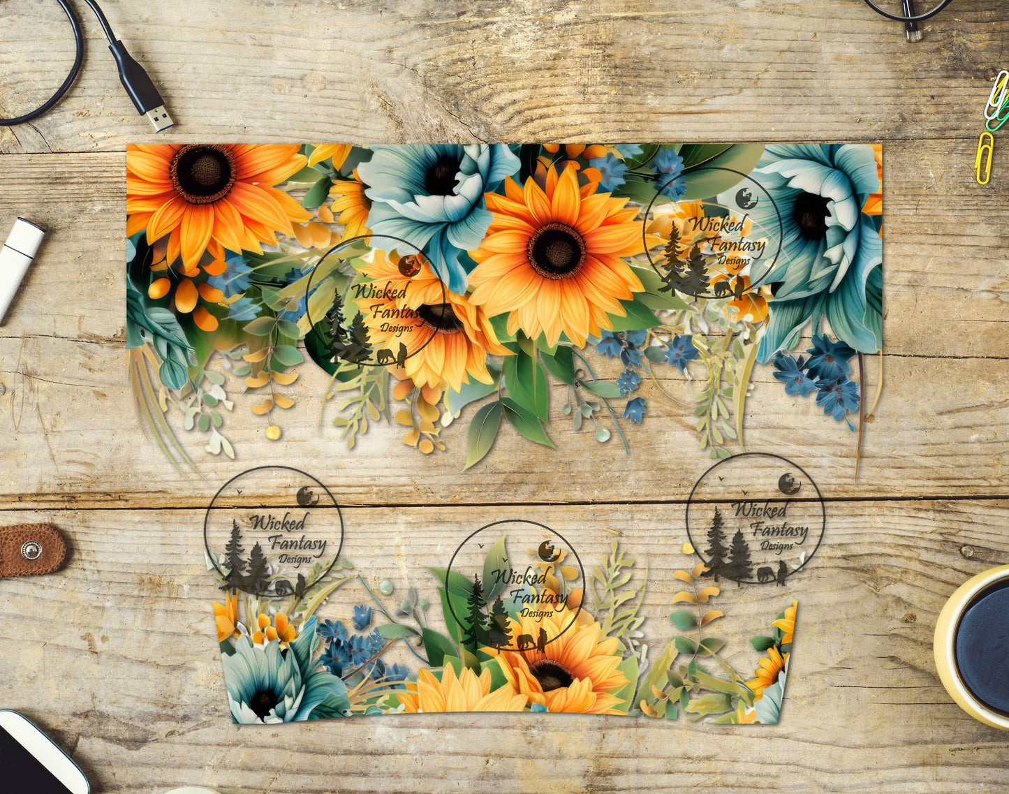 UVDTF Sunflowers and Teal Flowers 16oz 40oz Element Multiple Sizes