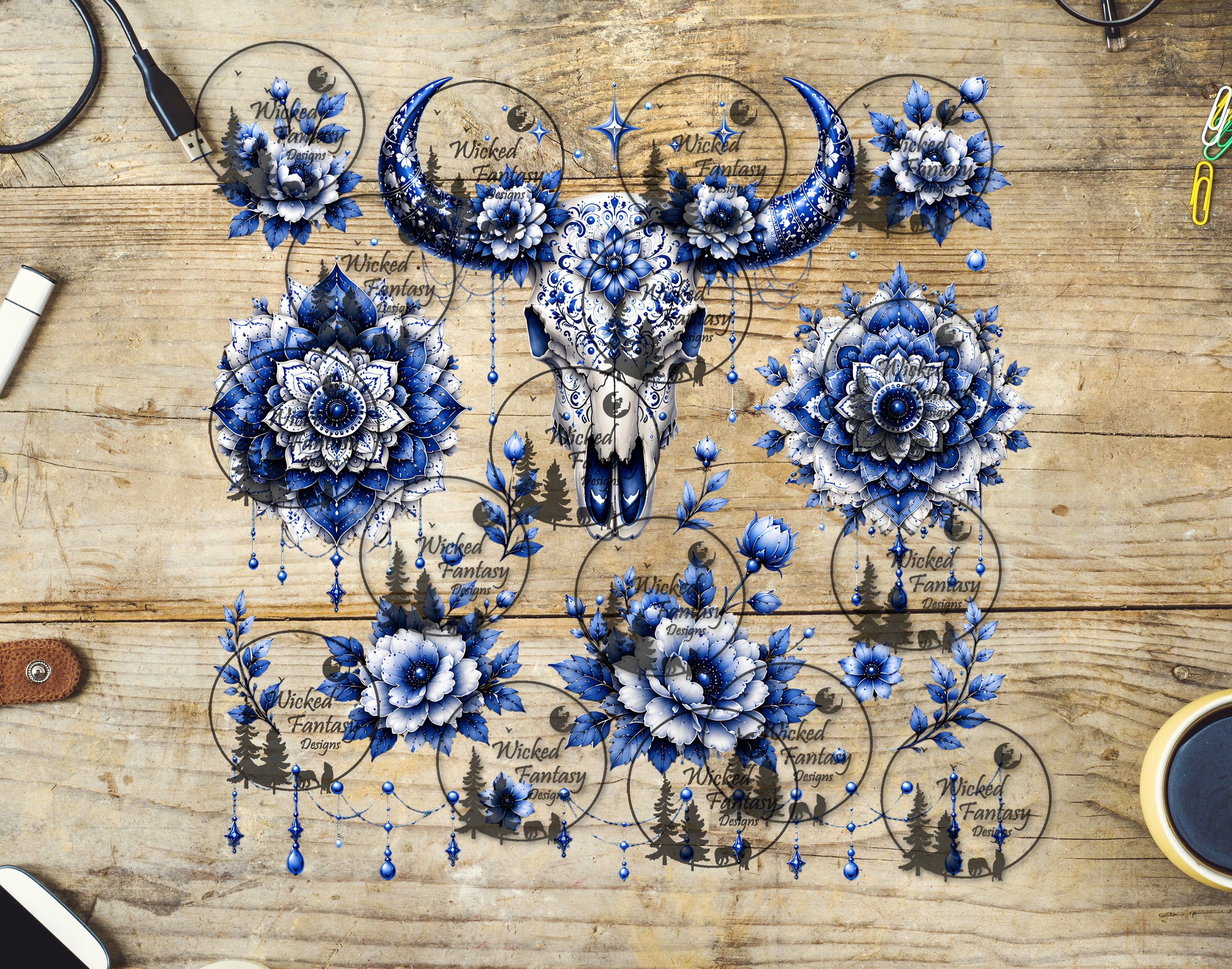 UVDTF Porcelain Mandela Cow Skull Element Sheet – Wicked Fantasy Designs