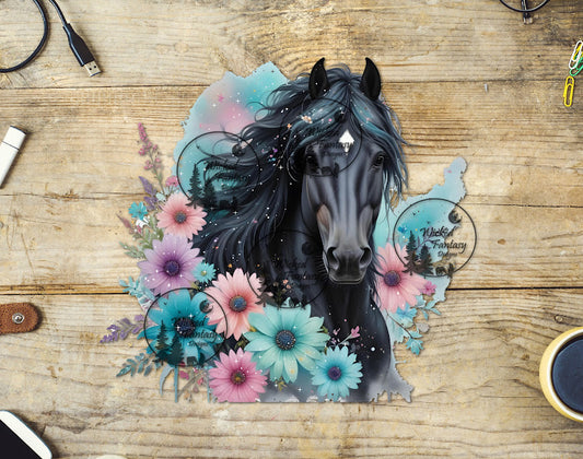 UVDTF Black Horse Blue and Pink Flowers