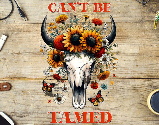 UVDTF Can't Be Tamed Cow Skull with Orange Flowers