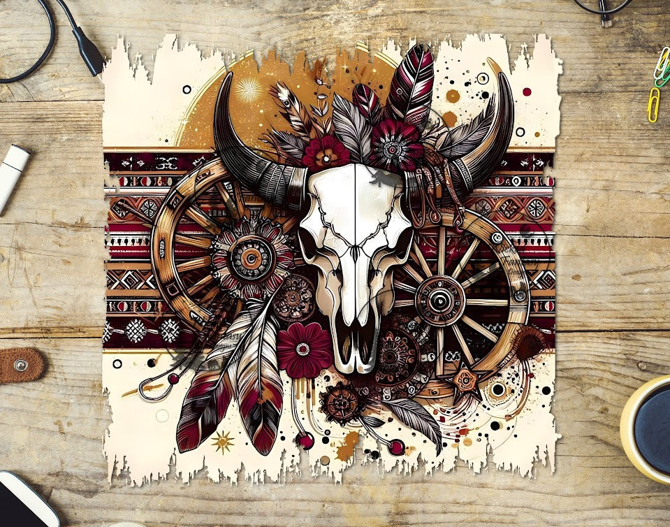 UVDTF Cow Skull with Beige and Burgundy Aztec Striping