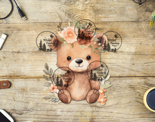UVDTF Teddy Bear with Peach Flowers