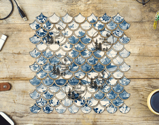UVDTF Blue Chinoiserie Mermaid Scales 10"x10" Element