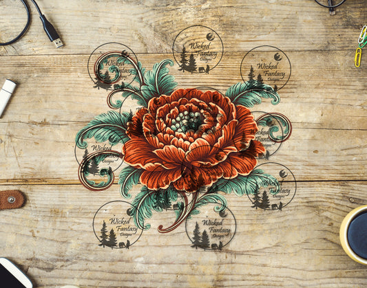 UVDTF Teal and Rust Tooled Flower