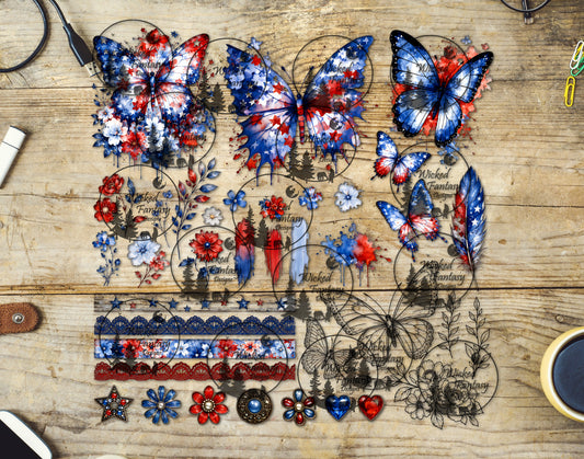 UVDTF Red White and Blue Butterflies Multimedia Element Sheet