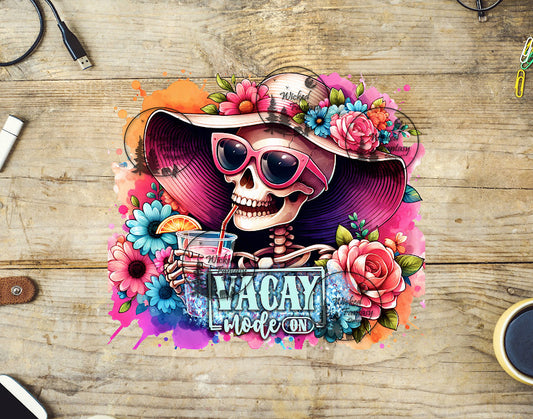 A colorful decal featuring a skeleton wearing a sunhat with the text 'VACAY MODE ON' surrounded by floral designs 