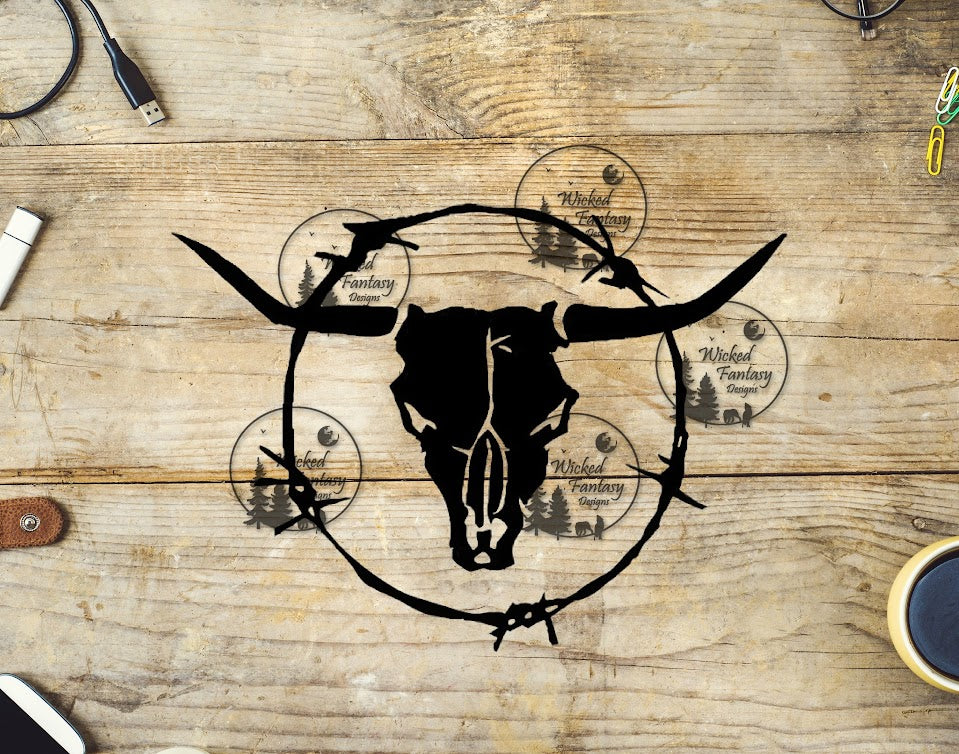 UVDTF Cow Skull Silhouette with Barb Wire Ring